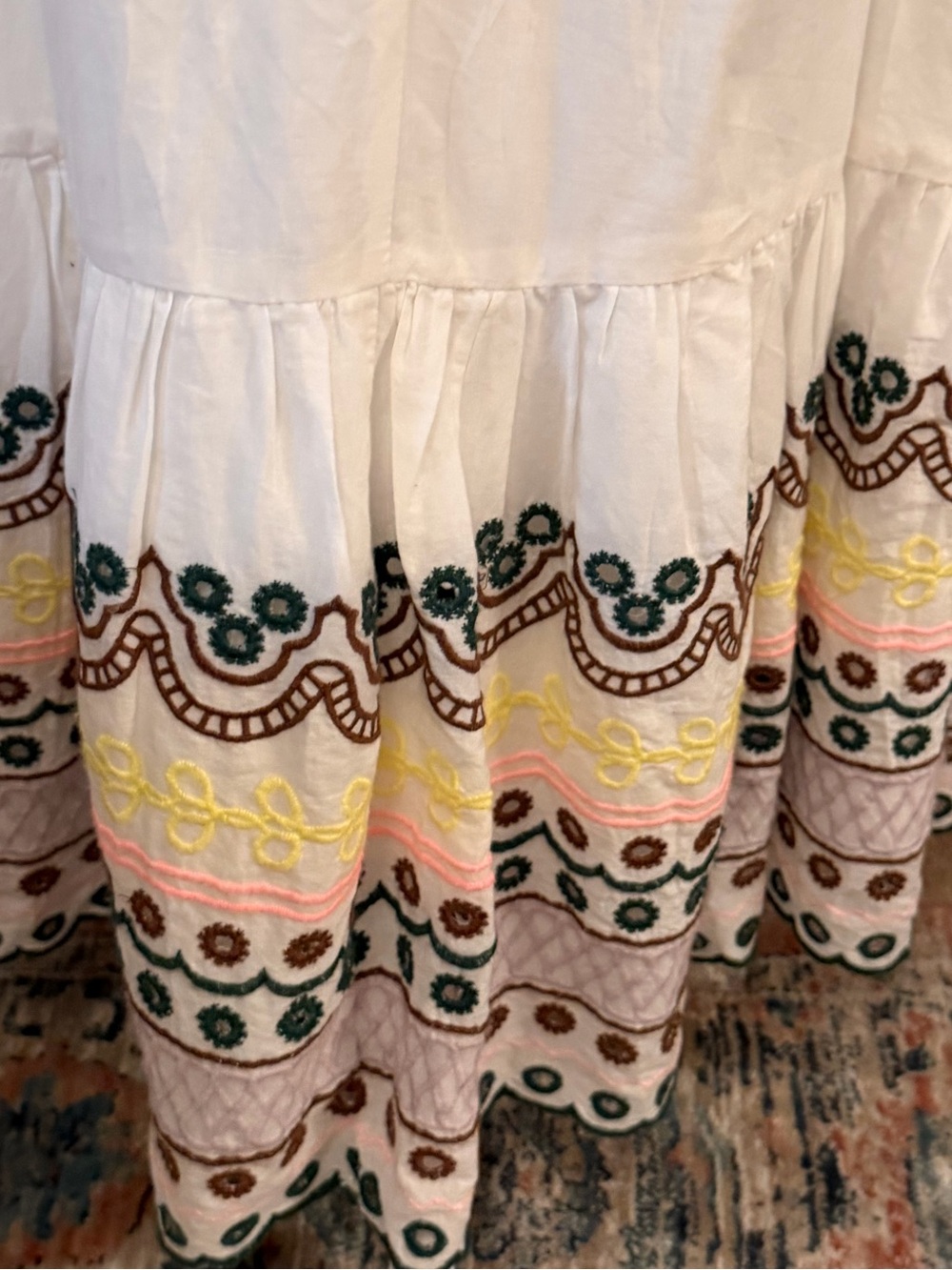 Boheme White Maxi Dress. Eyelet Embroidery and Blush/Yellow Trim - Picture 11 of 16